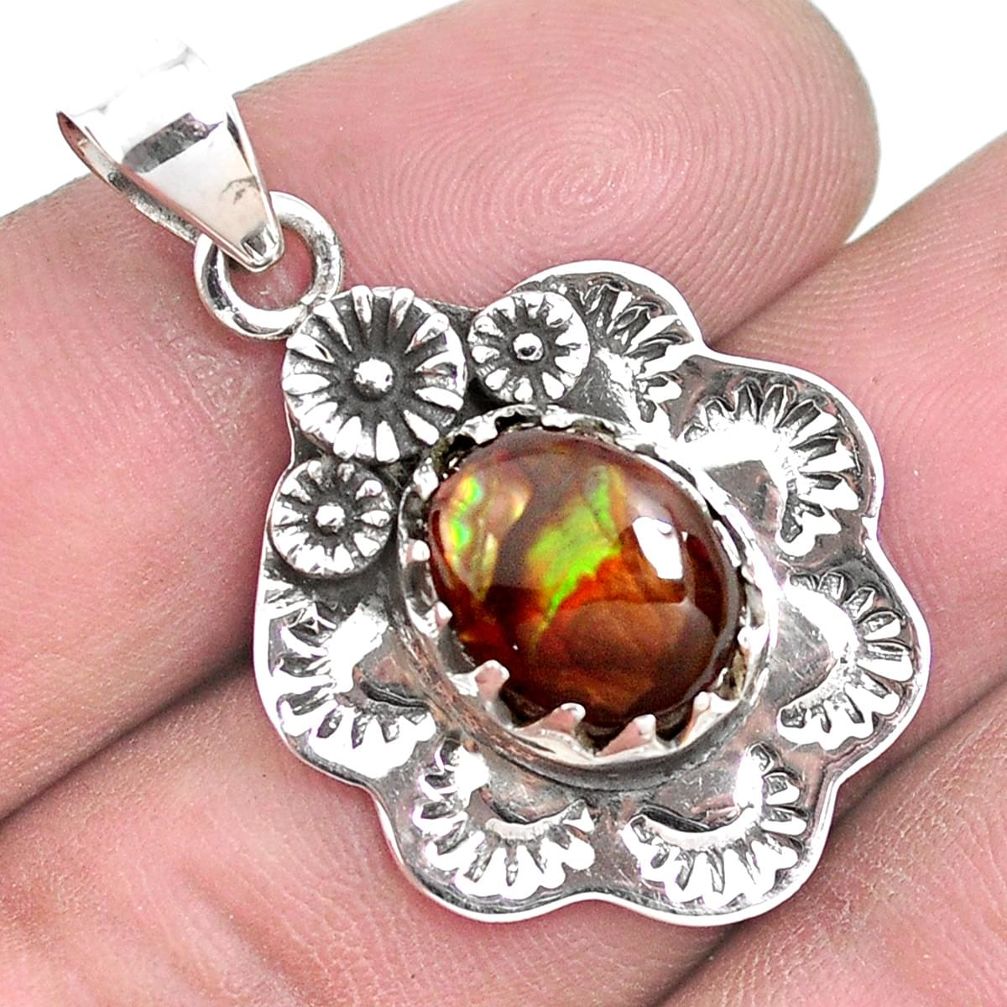 4.70cts natural multi color ammolite (canadian) 925 silver flower pendant p42147