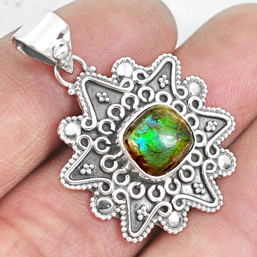 4.22cts natural multi color ammolite (canadian) cushion silver pendant p33424