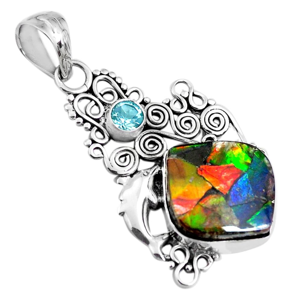13.71cts natural multi color ammolite (canadian) silver dolphin pendant p47808