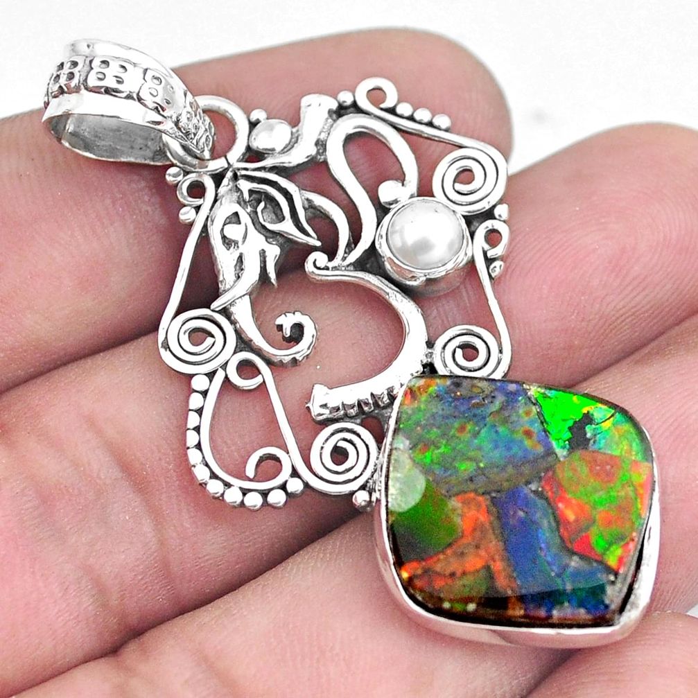 16.52cts natural multi color ammolite 925 silver elephant pendant p47769