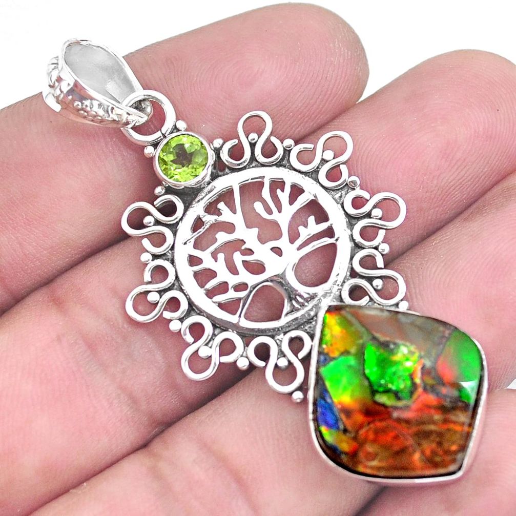 14.72cts natural multi color ammolite 925 silver tree of life pendant p47772