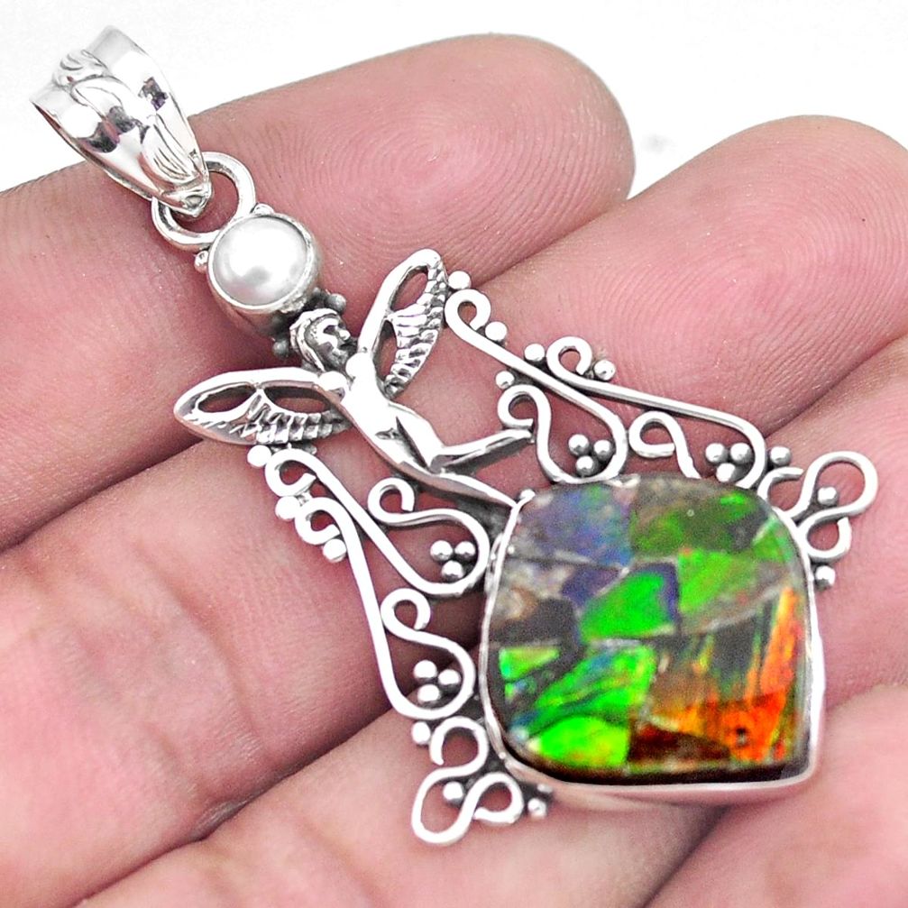15.33cts natural multi color ammolite silver angel wings fairy pendant p47770