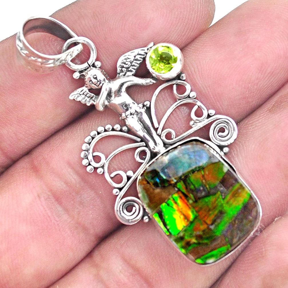 14.41cts natural multi color ammolite silver angel wings fairy pendant p47777