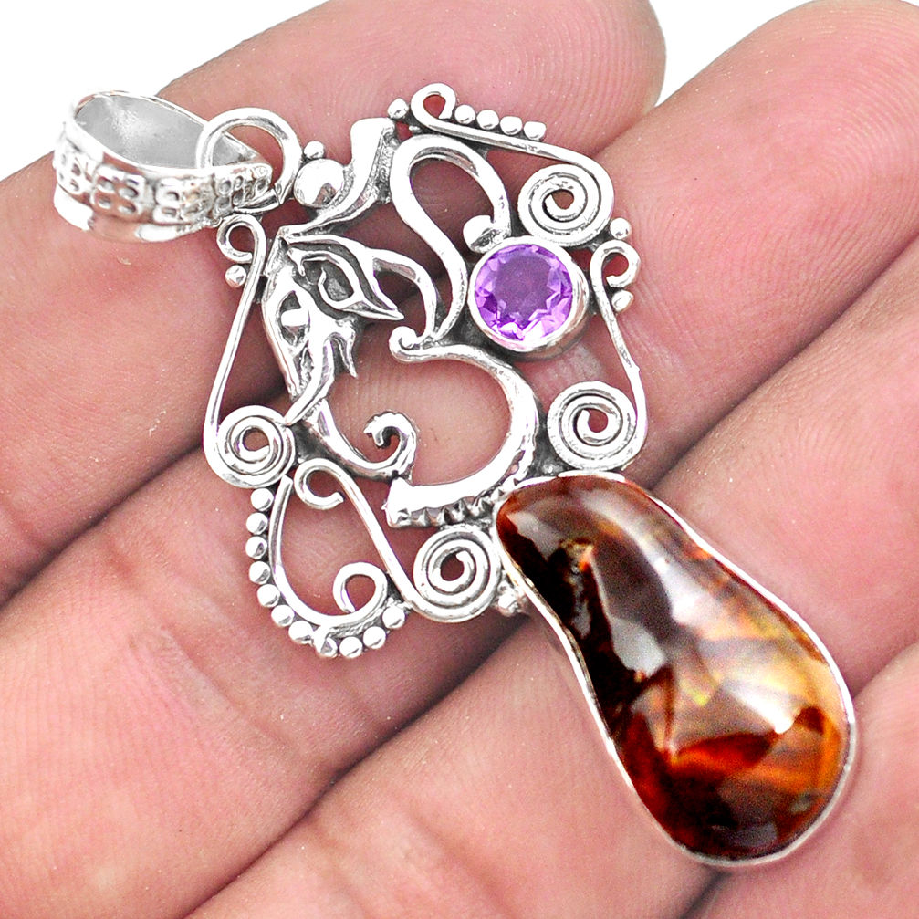 16.93cts natural multi color mexican fire agate silver elephant pendant p53978