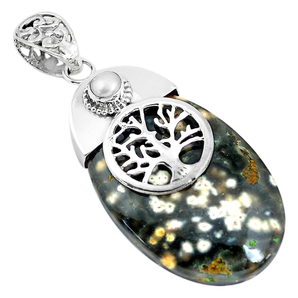 Natural multi color ocean sea jasper 925 silver tree of life pendant p45438