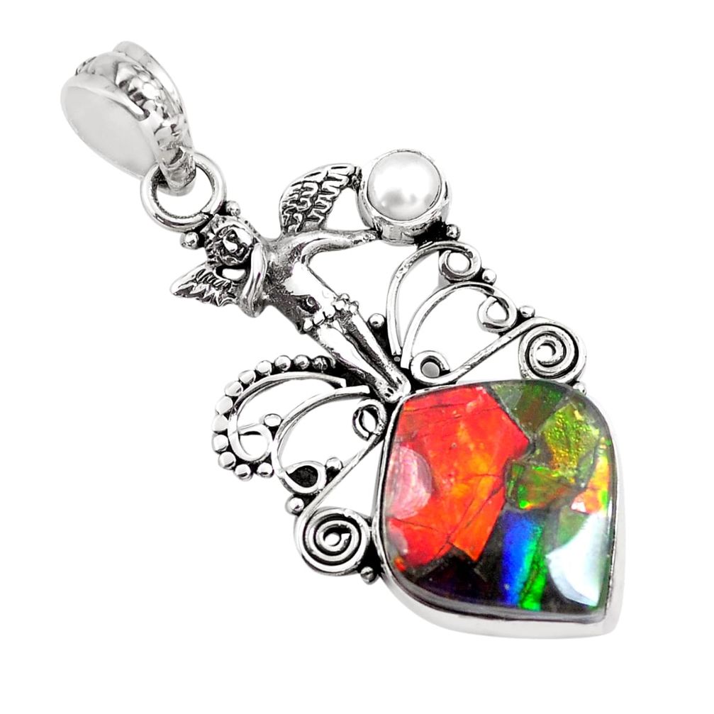 14.39cts natural multicolor ammolite 925 silver angel wings fairy pendant p47809
