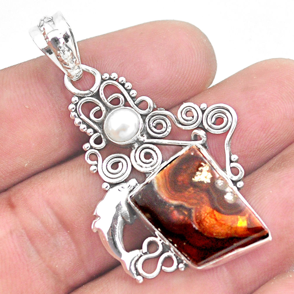 12.36cts natural multicolor mexican fire agate 925 silver dolphin pendant p53954