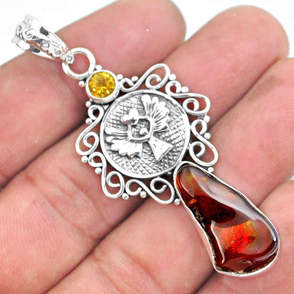 12.02cts natural multicolor mexican fire agate citrine 925 silver pendant p54014