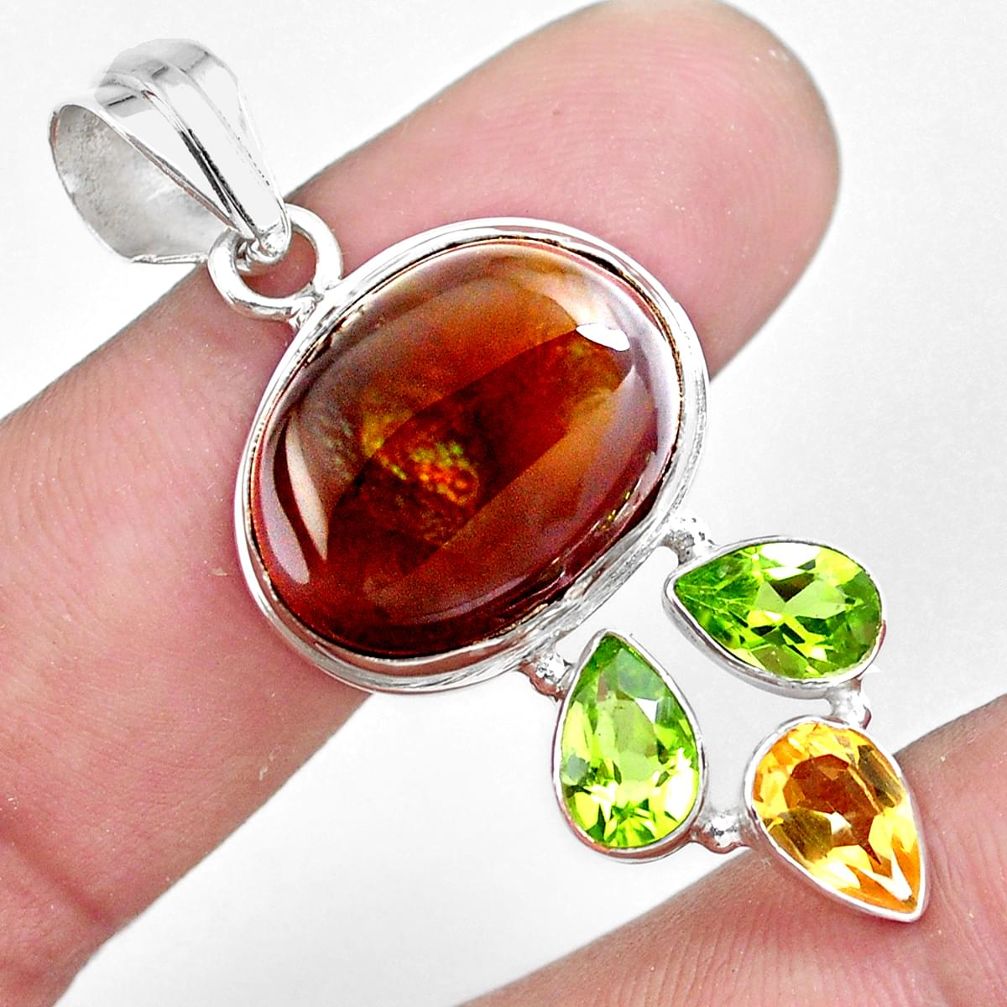 16.17cts natural multicolor mexican fire agate peridot 925 silver pendant p53941