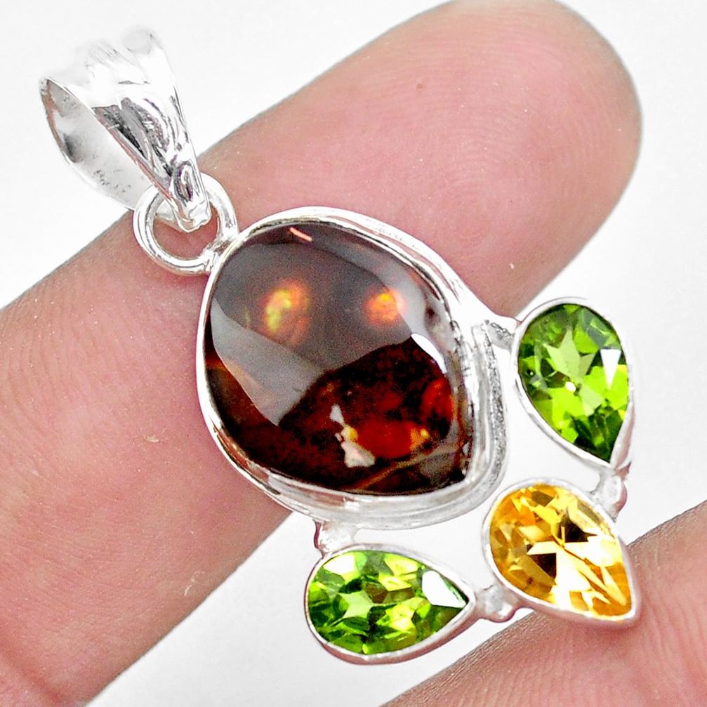 12.96cts natural multicolor mexican fire agate peridot 925 silver pendant p53983