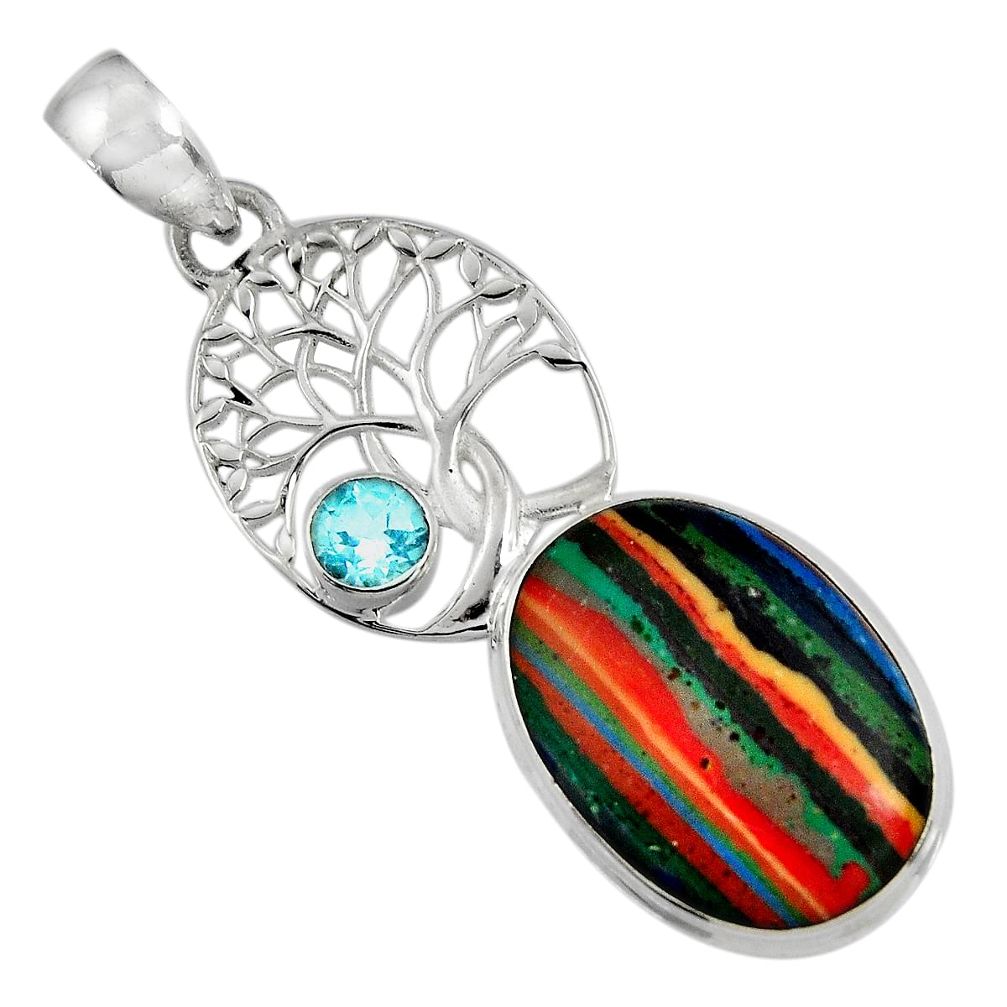 15.02cts natural multicolor rainbow calsilica silver tree of life pendant d32538