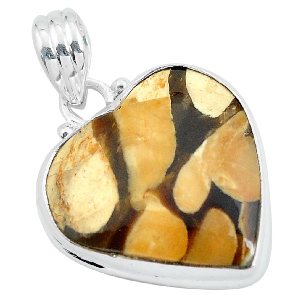 15.65cts natural peanut petrified wood fossil 925 silver heart pendant p59589