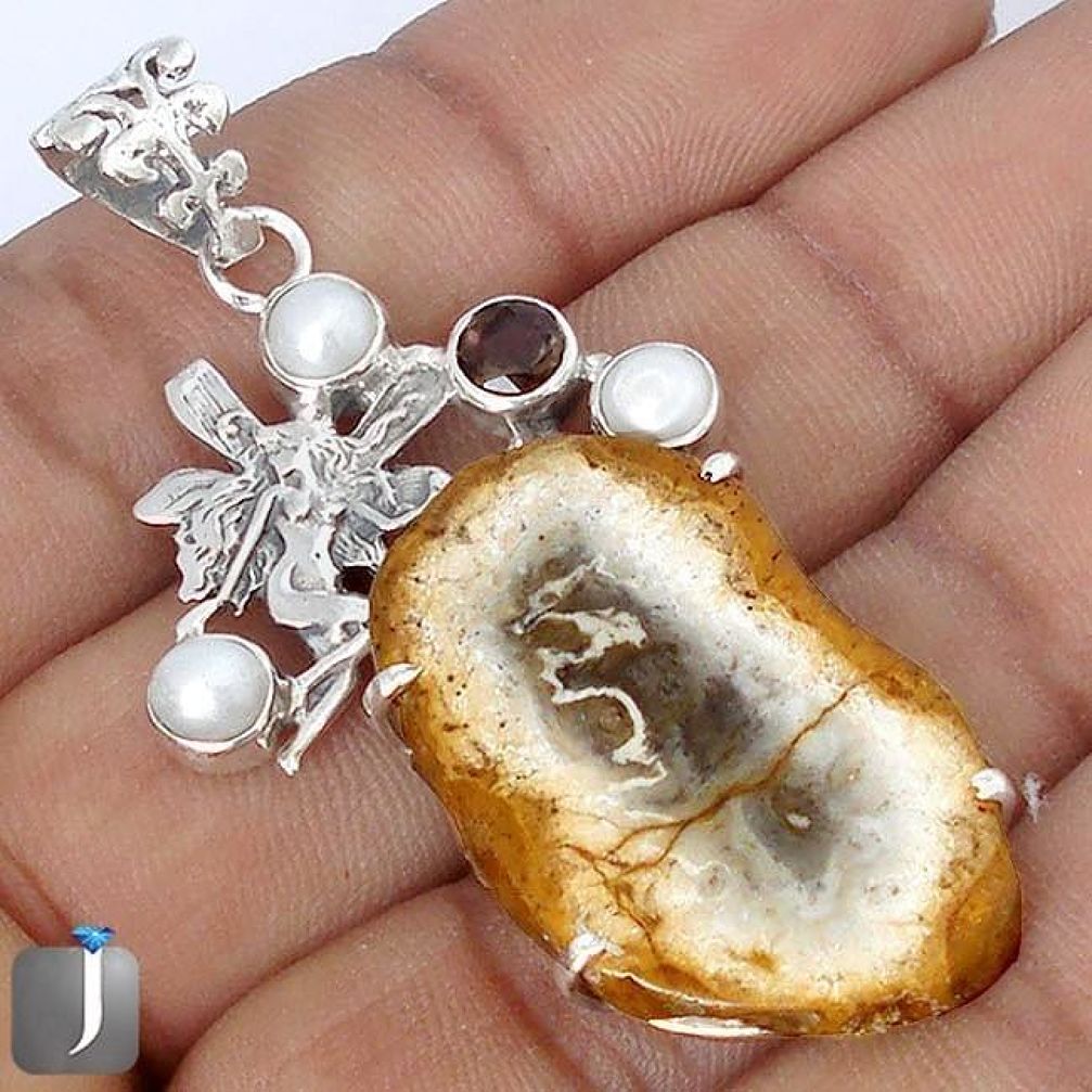 NATURAL PETRIFIED WOOD FOSSIL PEARL 925 SILVER ANGEL WINGS FAIRY PENDANT G10668