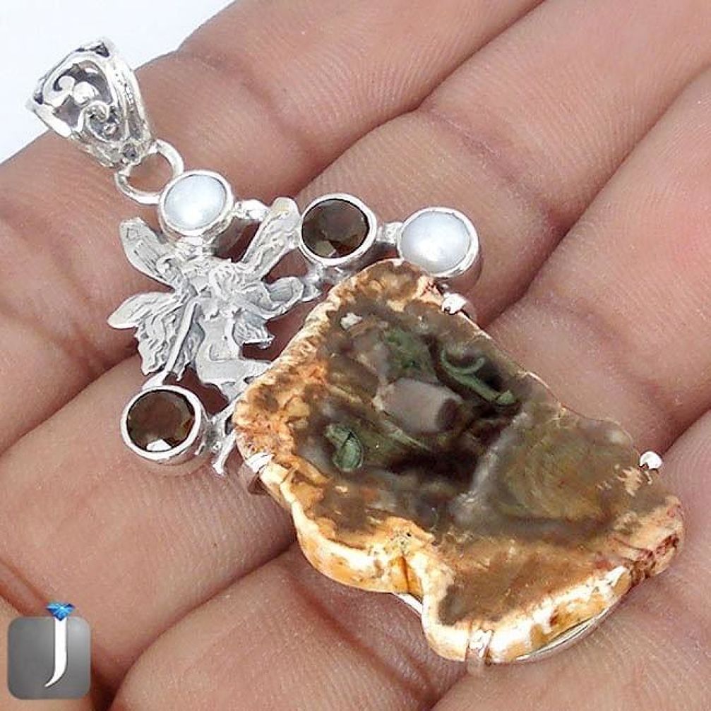 NATURAL PETRIFIED WOOD FOSSIL PEARL 925 SILVER ANGEL WINGS FAIRY PENDANT G10671