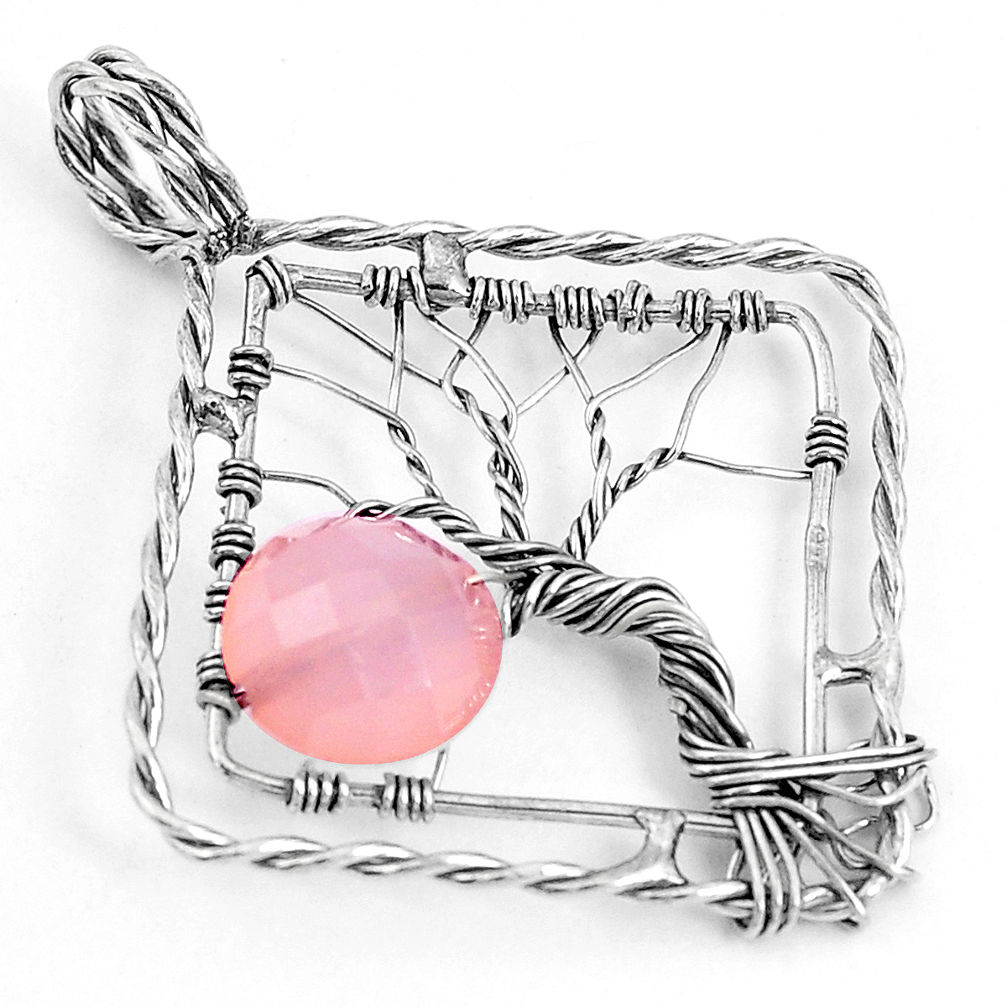 5.06cts natural pink chalcedony 925 sterling silver tree of life pendant p43084