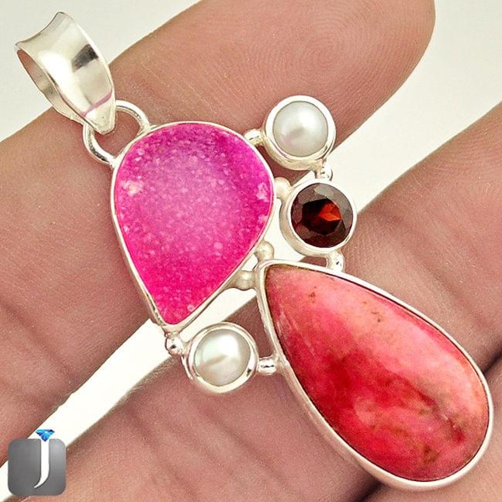 22.62cts NATURAL PINK RHODONITE RUBY DRUZY 925 STERLING SILVER PENDANT E11059