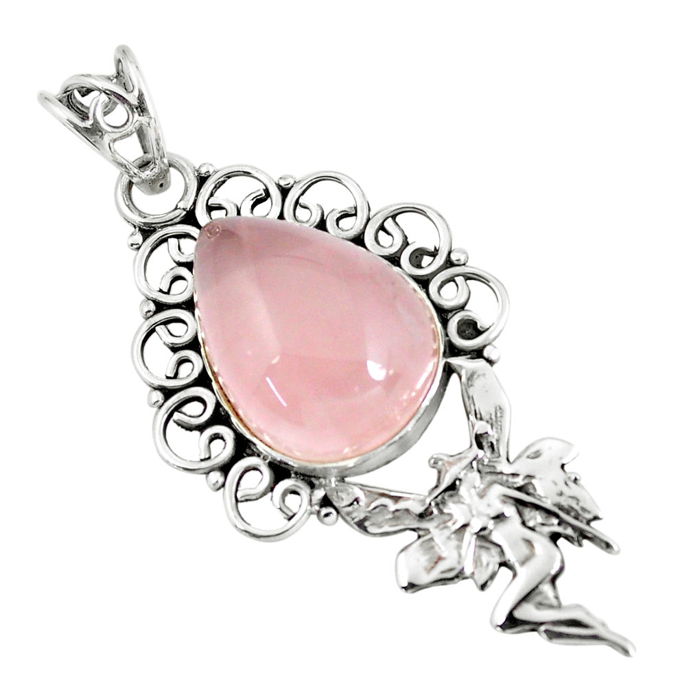 14.12cts natural pink rose quartz 925 silver angel wings fairy pendant p59703