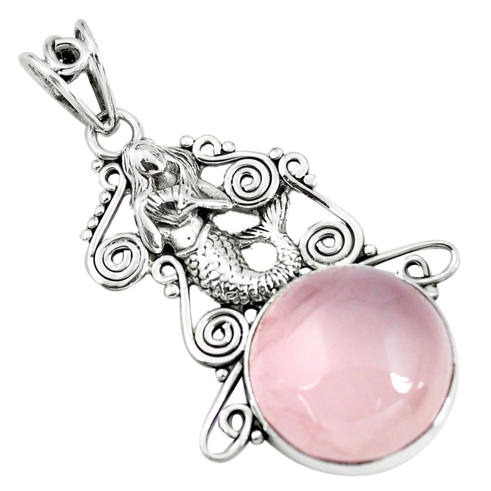 18.16cts natural pink rose quartz 925 silver fairy mermaid pendant p59788