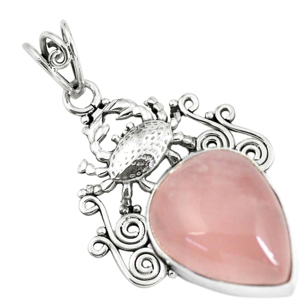 20.35cts natural pink rose quartz 925 sterling silver crab pendant p59785