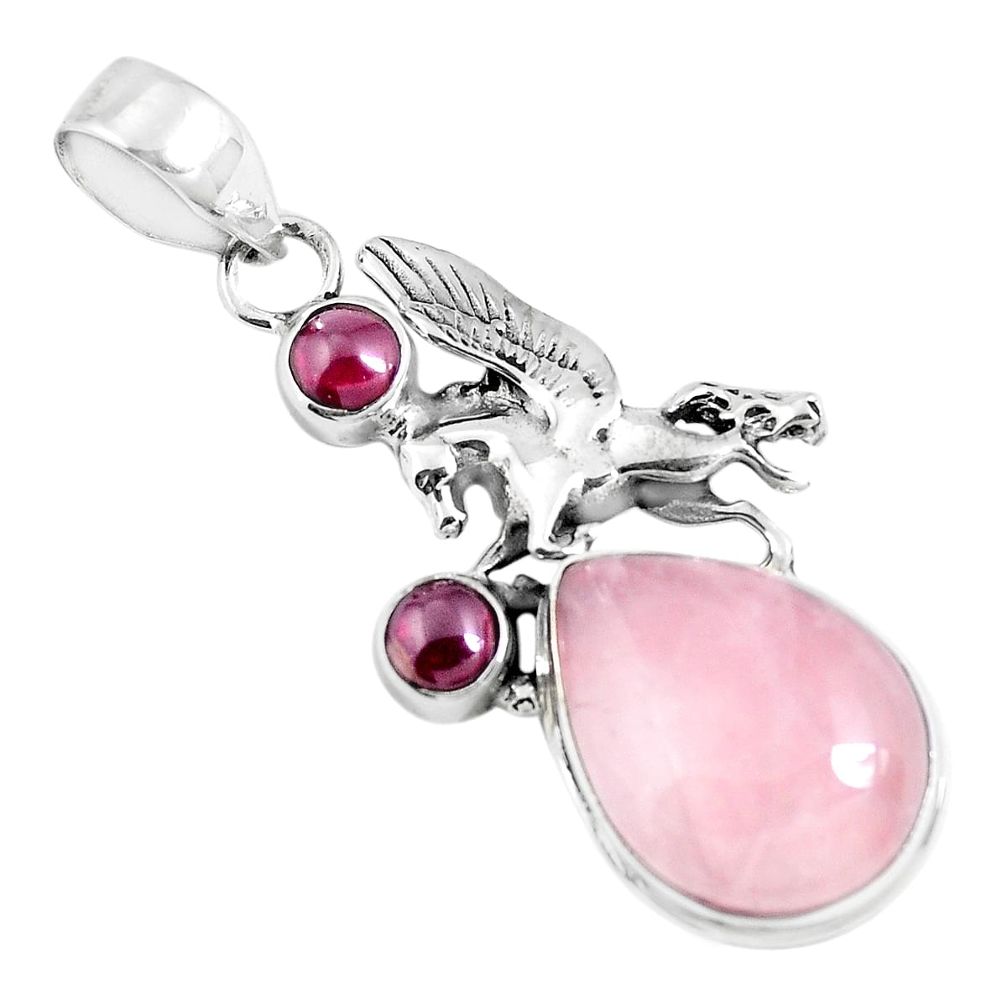 13.22cts natural pink rose quartz garnet 925 silver horse pendant p47288