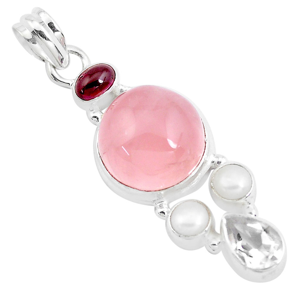 18.17cts natural pink rose quartz garnet pearl 925 silver pendant p40078