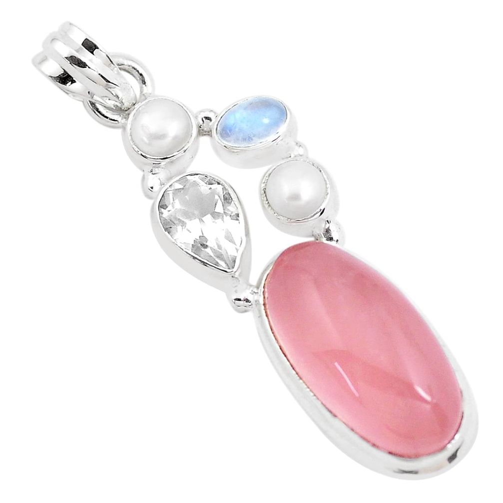 19.00cts natural pink rose quartz moonstone pearl 925 silver pendant p40063