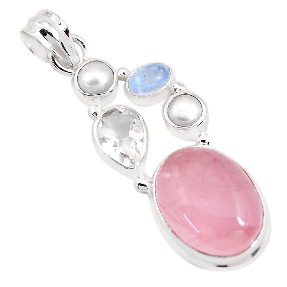 15.44cts natural pink rose quartz moonstone pearl 925 silver pendant p40066