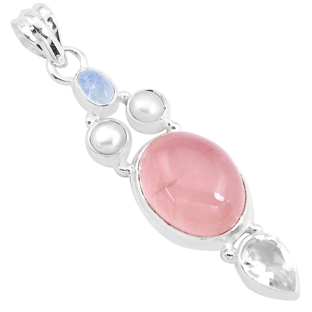 16.17cts natural pink rose quartz moonstone pearl 925 silver pendant p40076