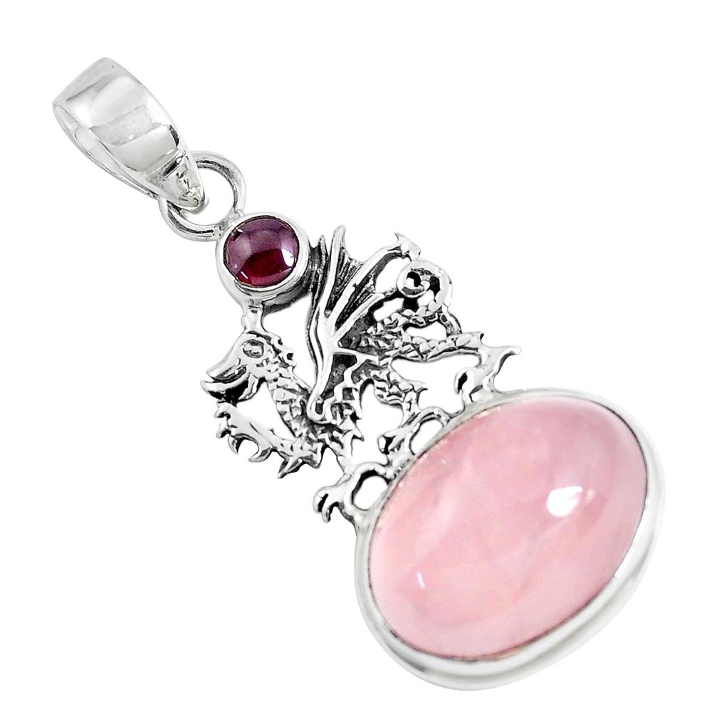 13.72cts natural pink rose quartz red garnet 925 silver dragon pendant p47300
