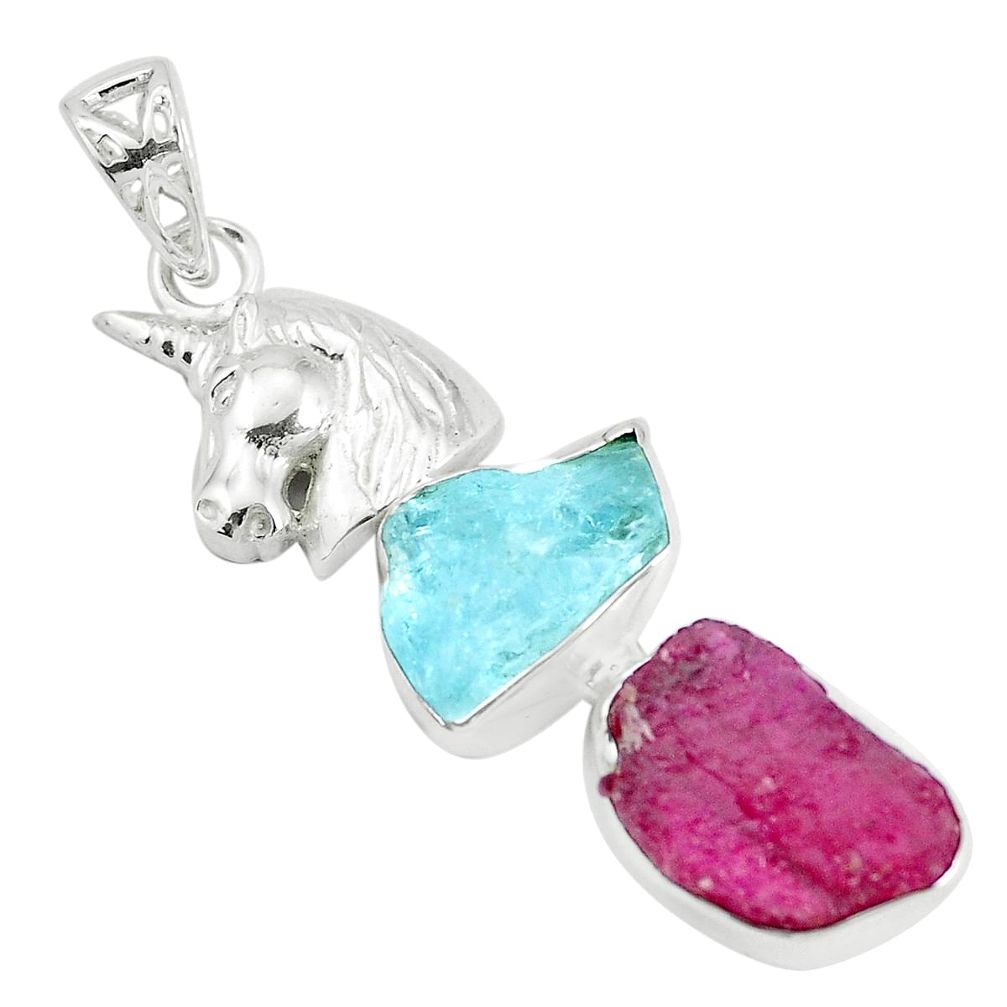 Natural pink ruby rough aquamarine rough 925 silver horse pendant p35452