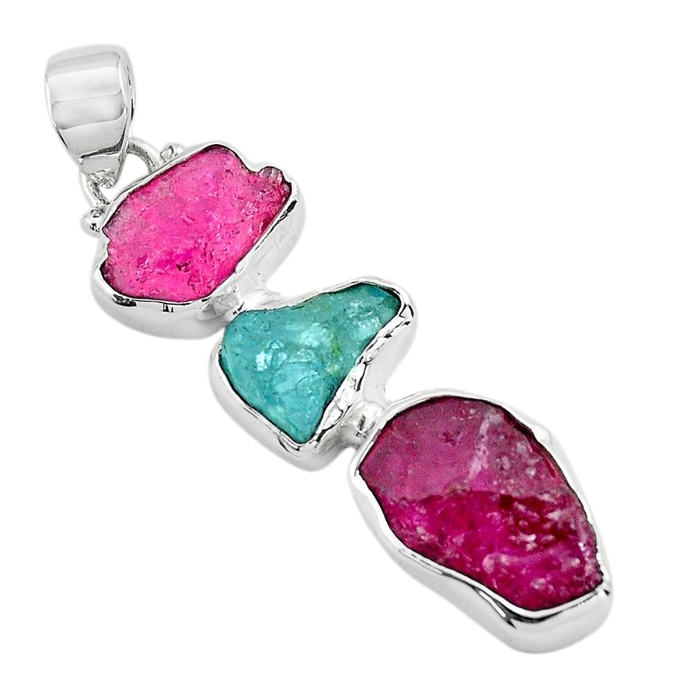 13.15cts natural pink ruby rough aquamarine rough 925 silver pendant p88121