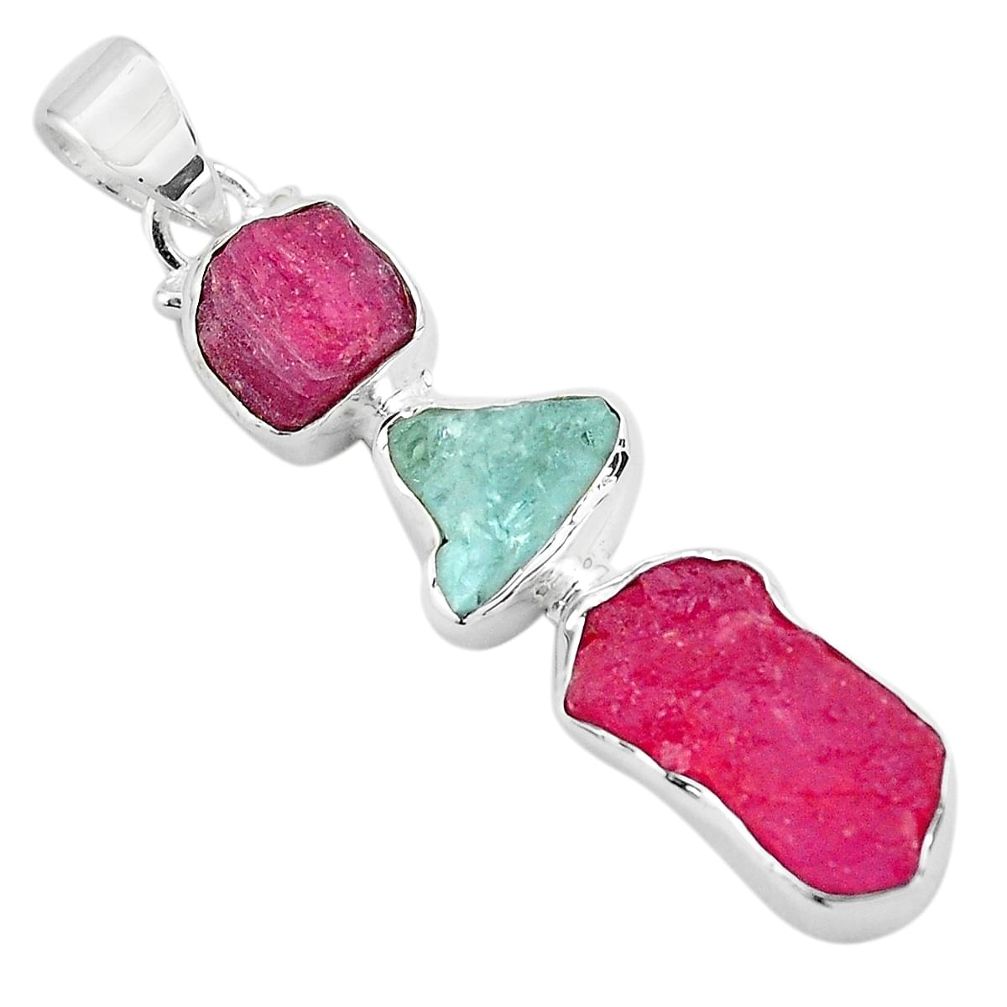 14.14cts natural pink ruby rough aquamarine rough 925 silver pendant p88131