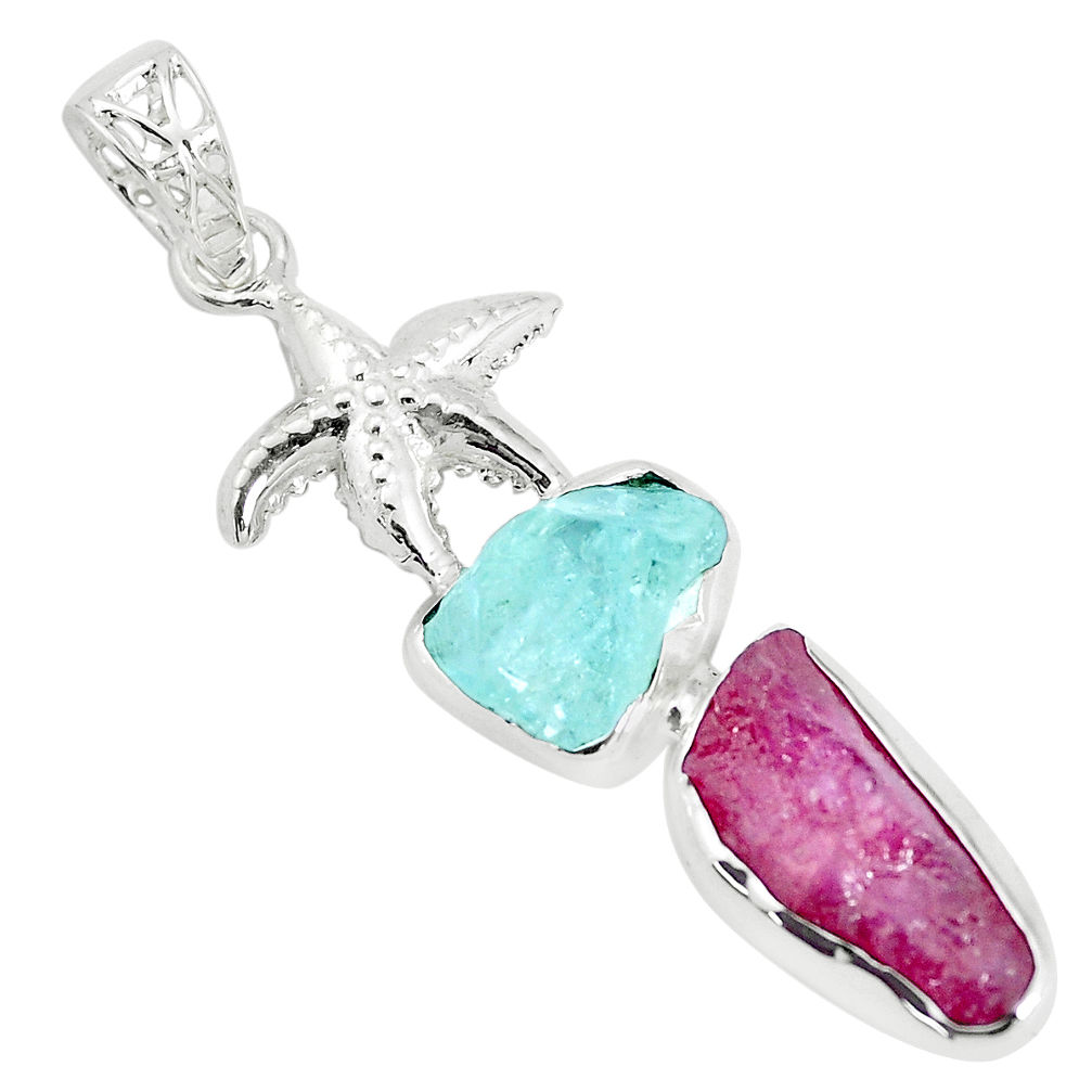 Natural pink ruby rough aquamarine rough 925 silver star fish pendant p35442