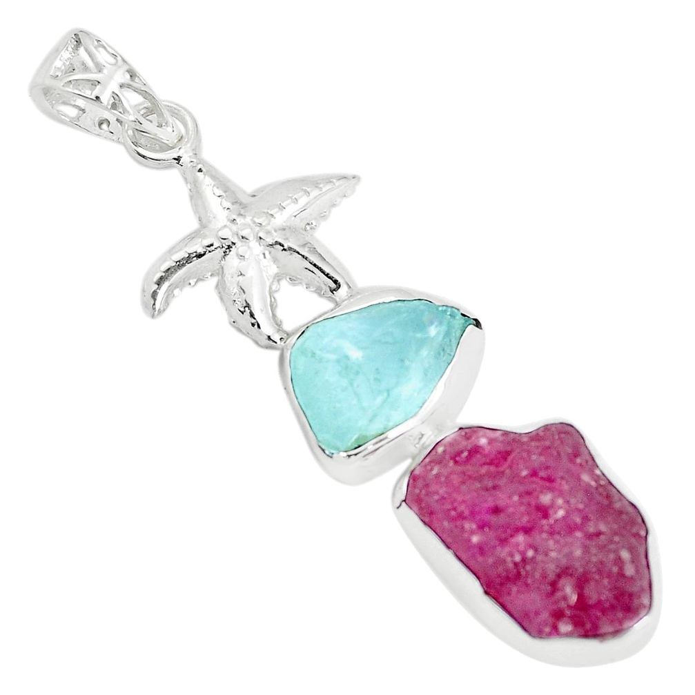 Natural pink ruby rough aquamarine rough 925 silver star fish pendant p35444