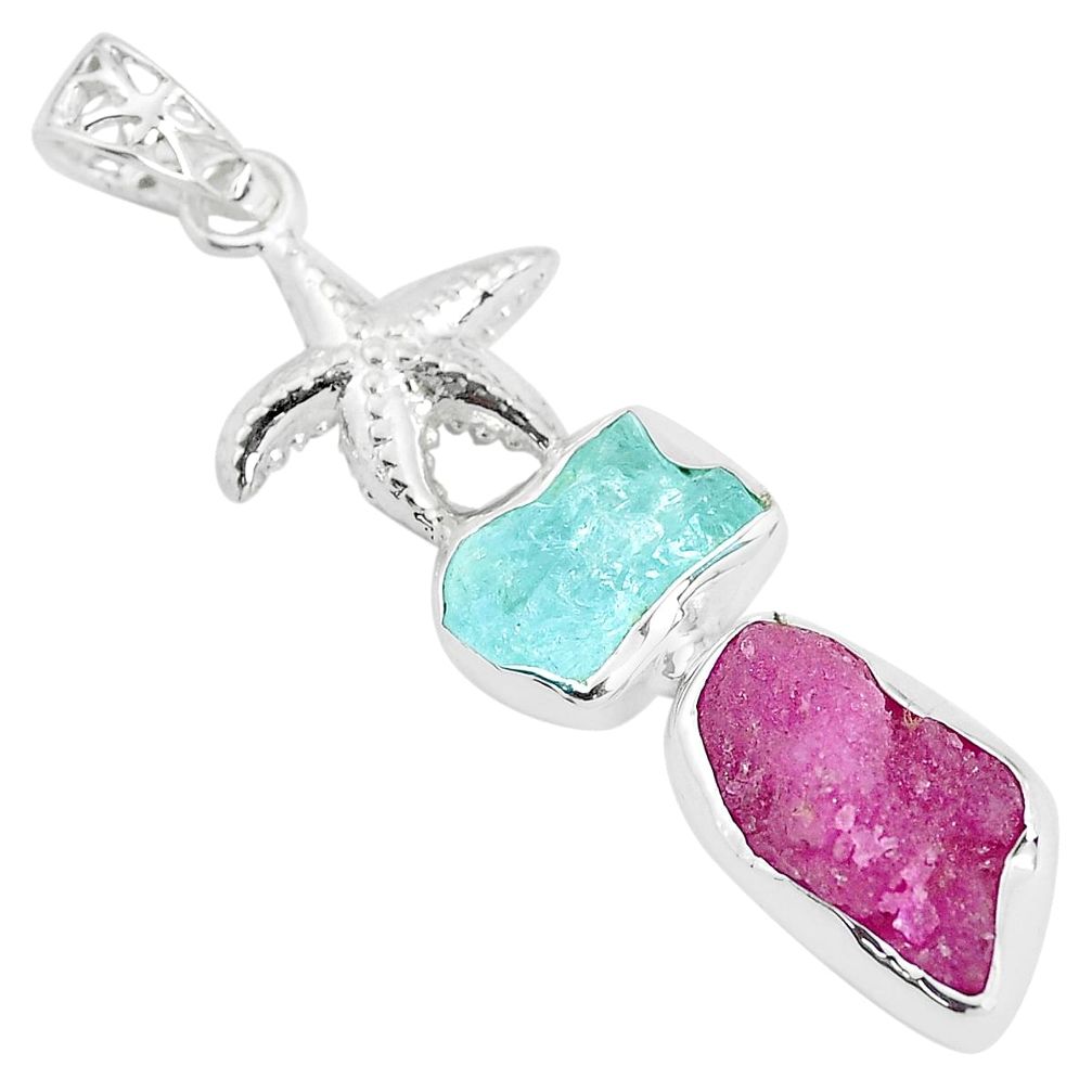 Natural pink ruby rough aquamarine rough 925 silver star fish pendant p35450