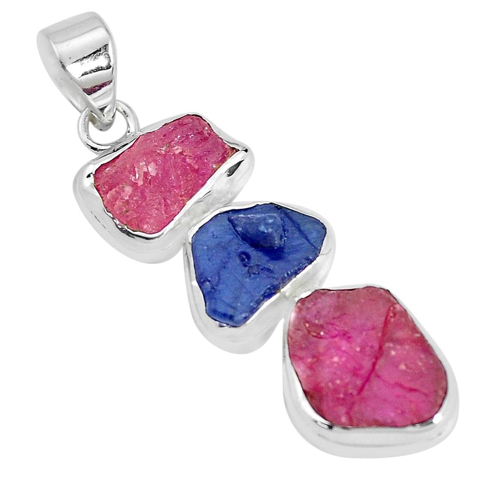 18.46cts natural pink ruby rough blue sapphire rough 925 silver pendant p35207