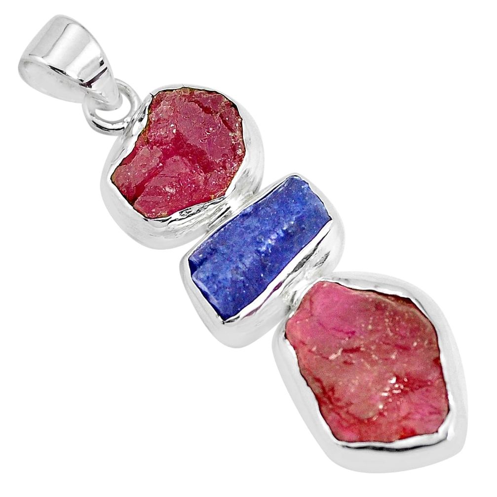 23.74cts natural pink ruby rough blue sapphire rough 925 silver pendant p35208