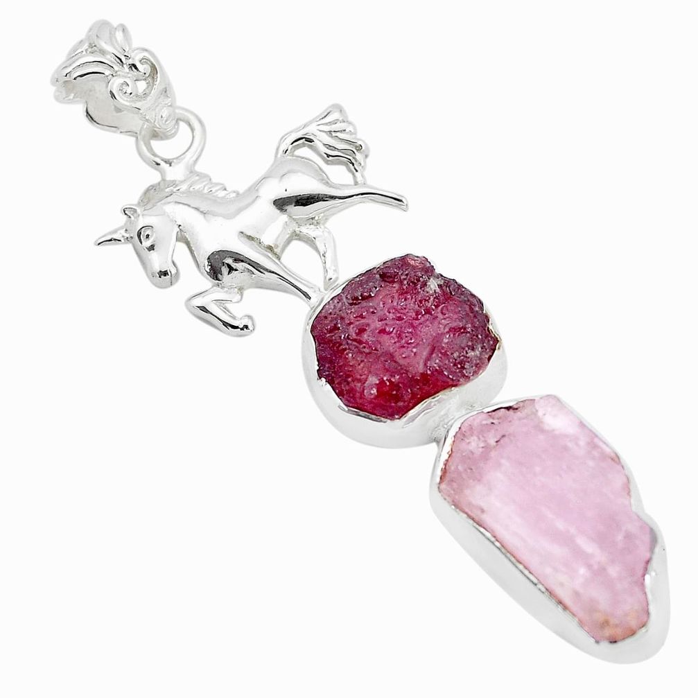 Natural pink ruby rough kunzite rough 925 silver horse pendant jewelry p35404