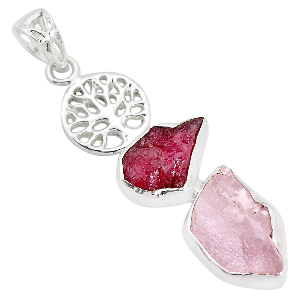 Natural pink ruby rough kunzite rough 925 silver tree of life pendant p35408