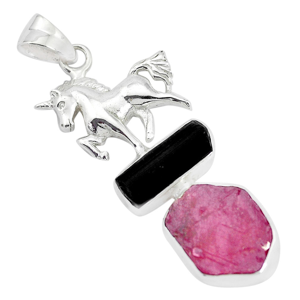 Natural pink ruby rough tourmaline rough 925 silver horse pendant p35363