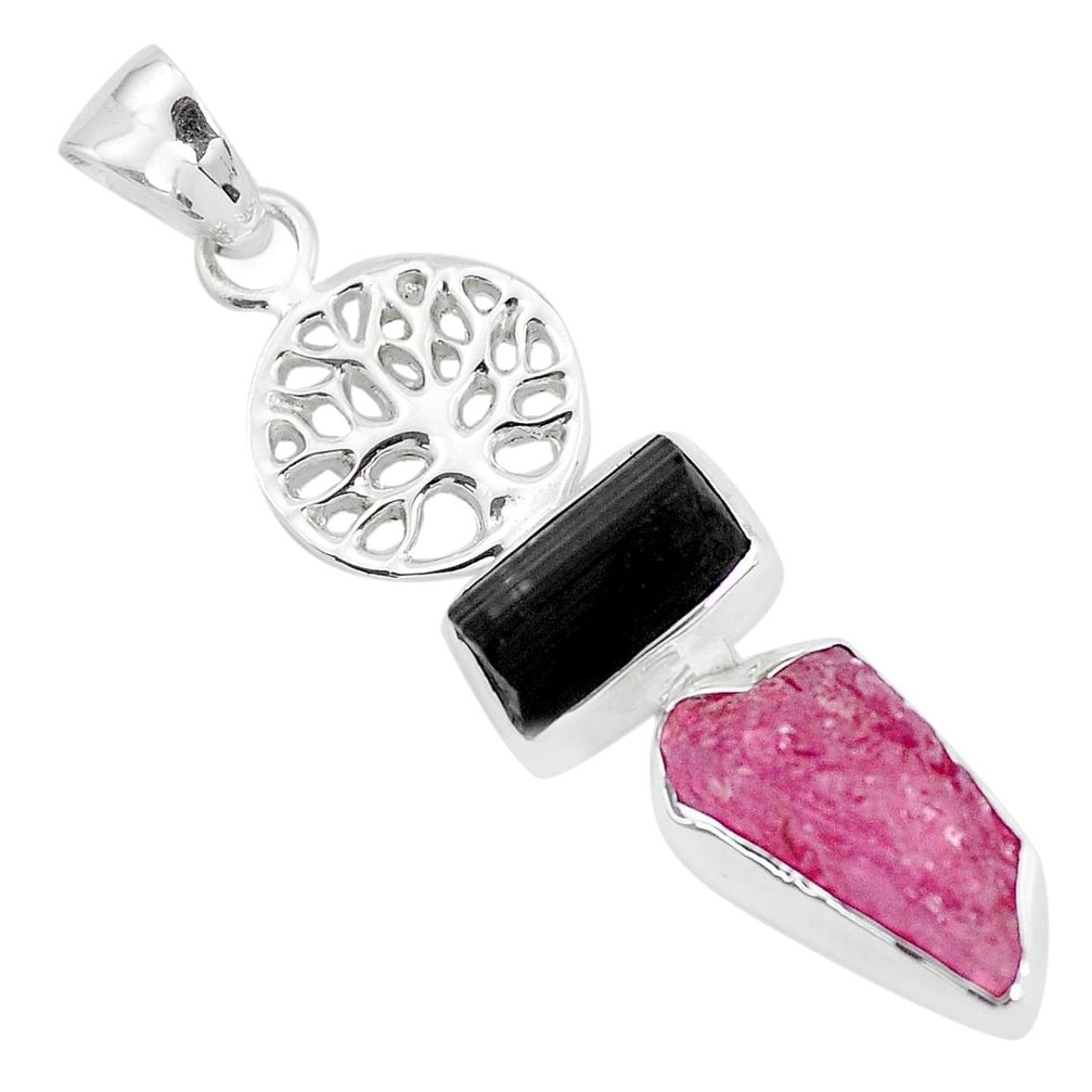 Natural pink ruby rough tourmaline rough 925 silver tree of life pendant p35392