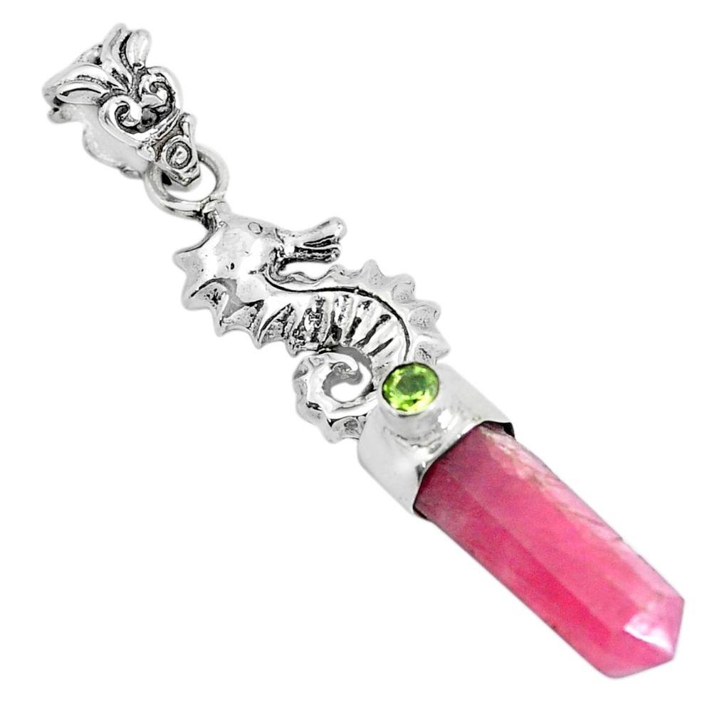 12.60cts natural pink tourmaline peridot 925 silver seahorse pendant d31838