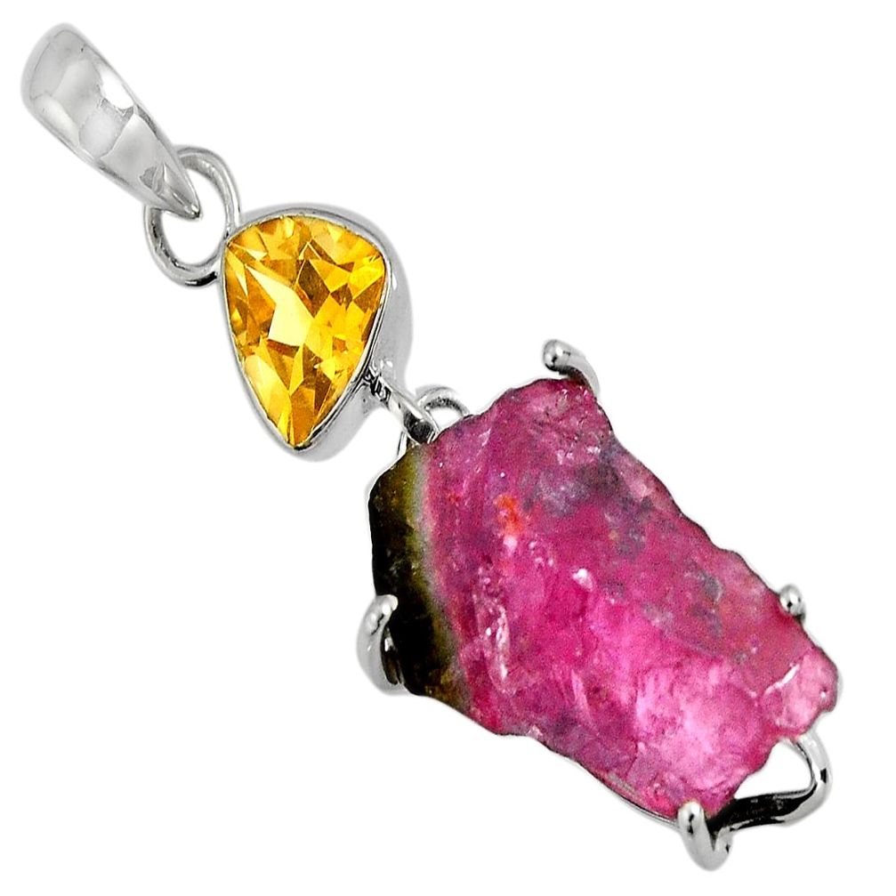 15.89cts natural pink tourmaline rough citrine 925 silver pendant d32522