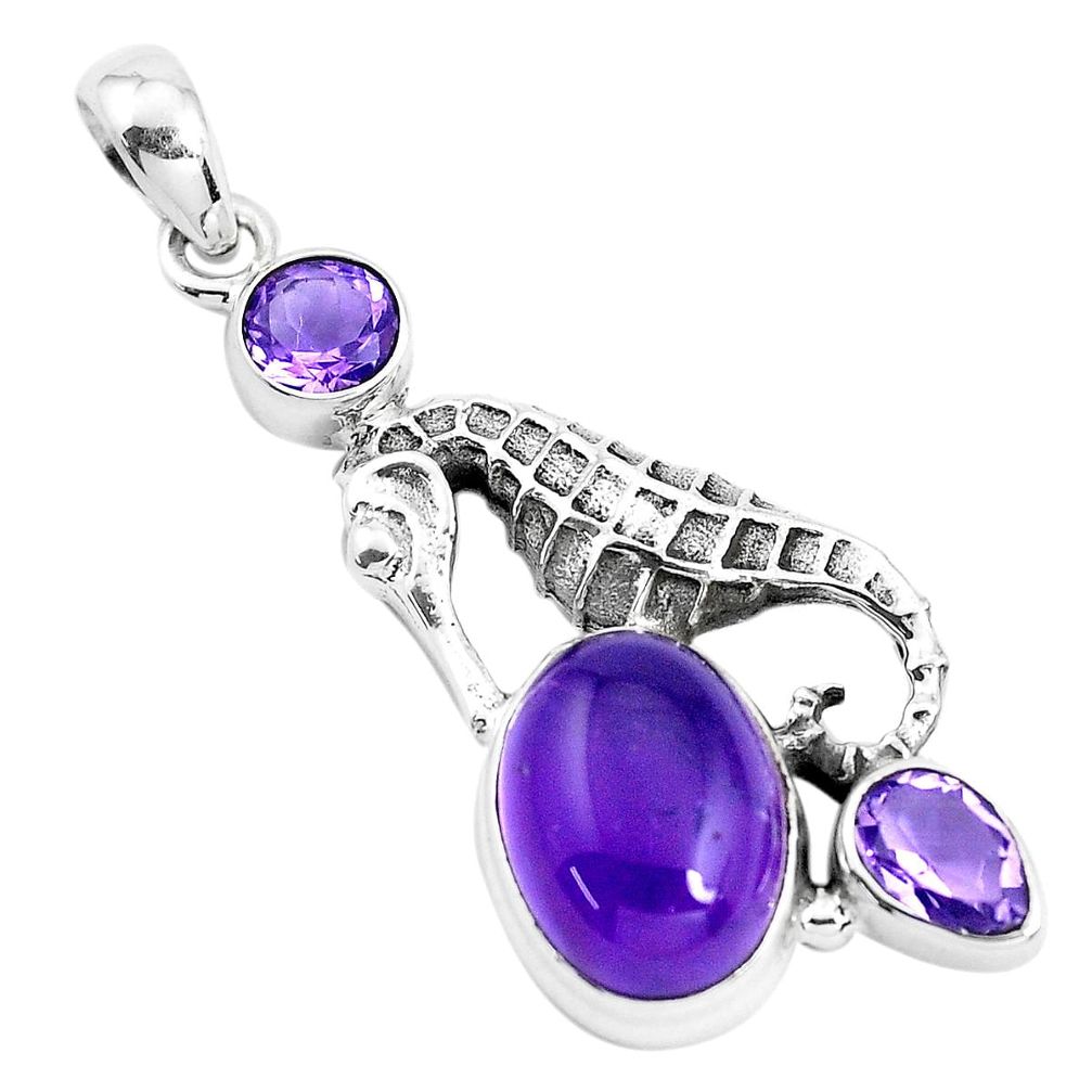 8.14cts natural purple amethyst 925 sterling silver seahorse pendant p41903