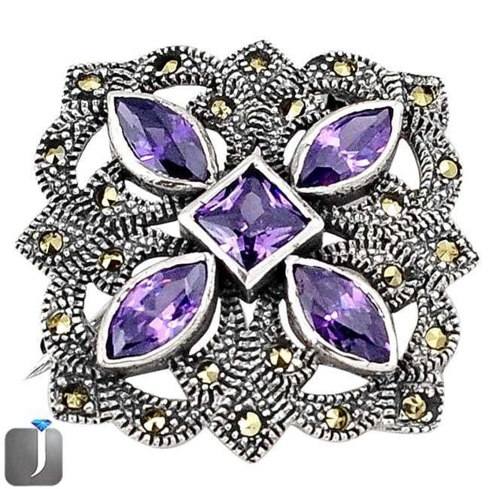8.43cts NATURAL PURPLE AMETHYST SWISS MARCASITE 925 SILVER BROOCH PENDANT G75676