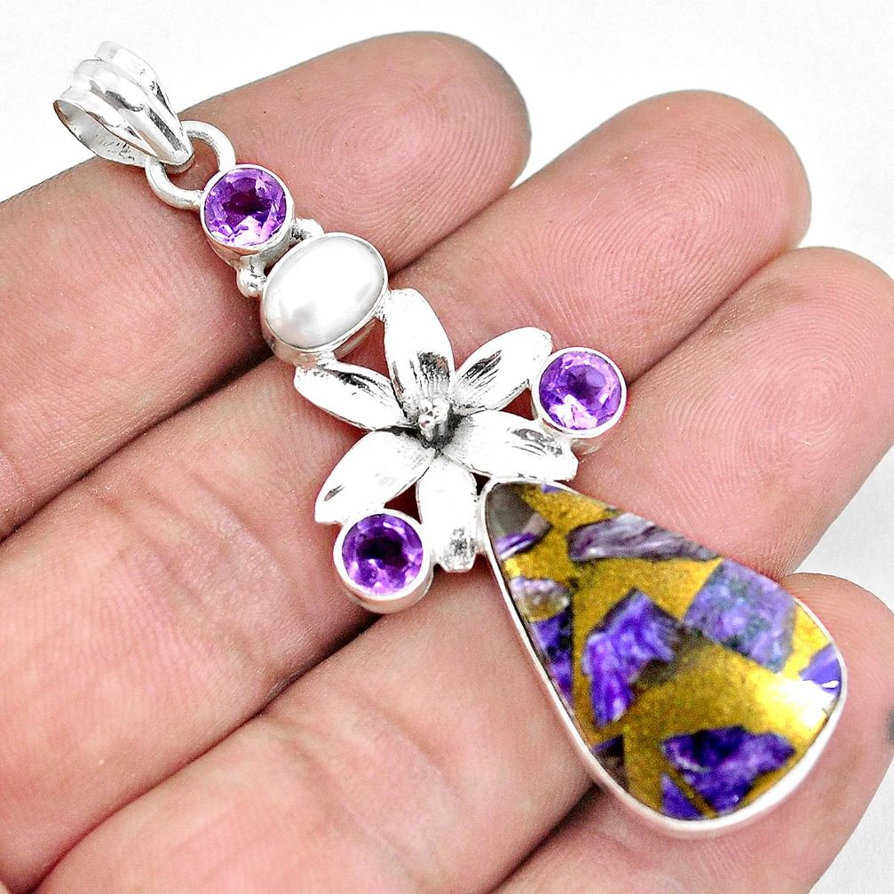 21.30cts natural purple charoite (siberian) 925 silver flower pendant d30951
