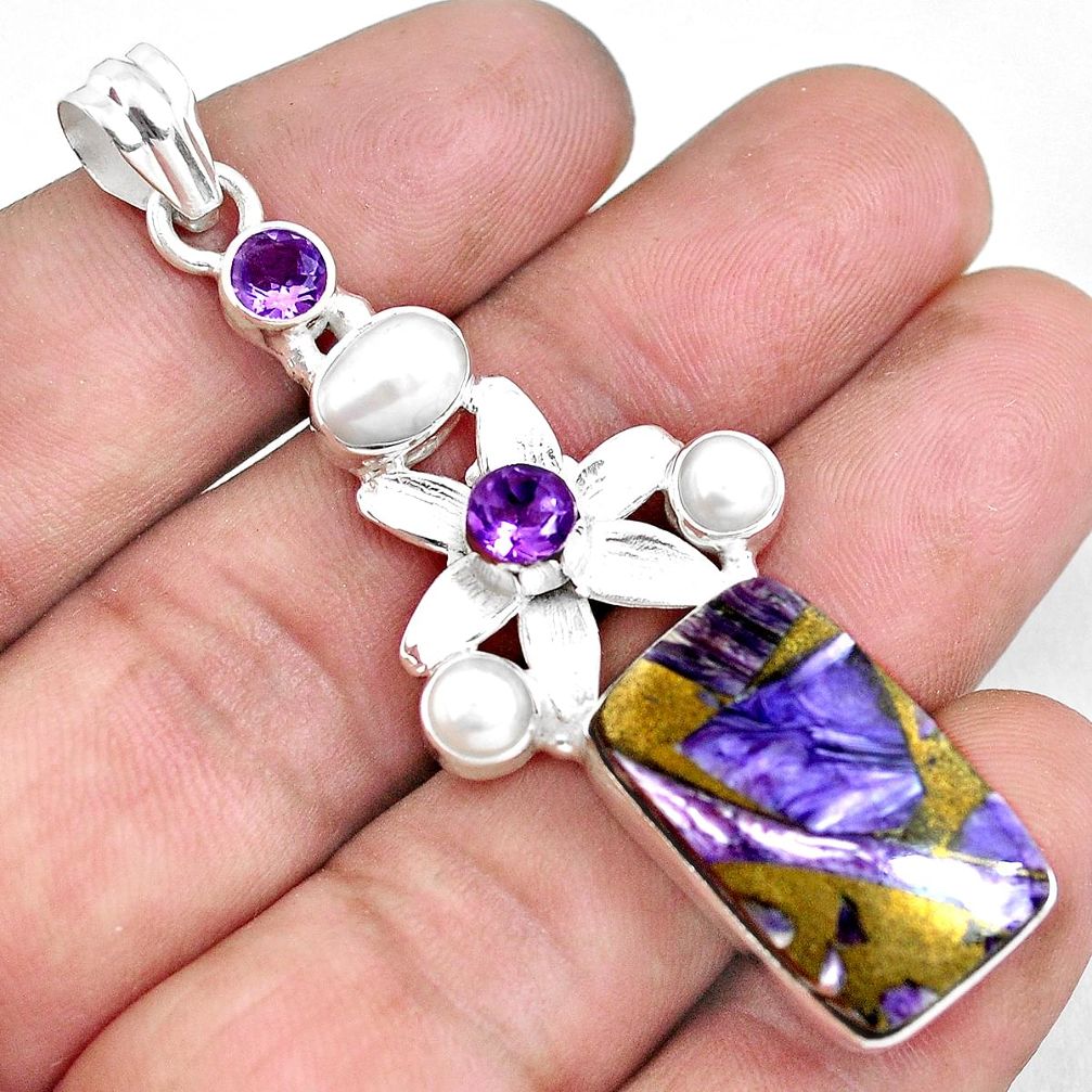 25.15cts natural purple charoite (siberian) 925 silver flower pendant d30952