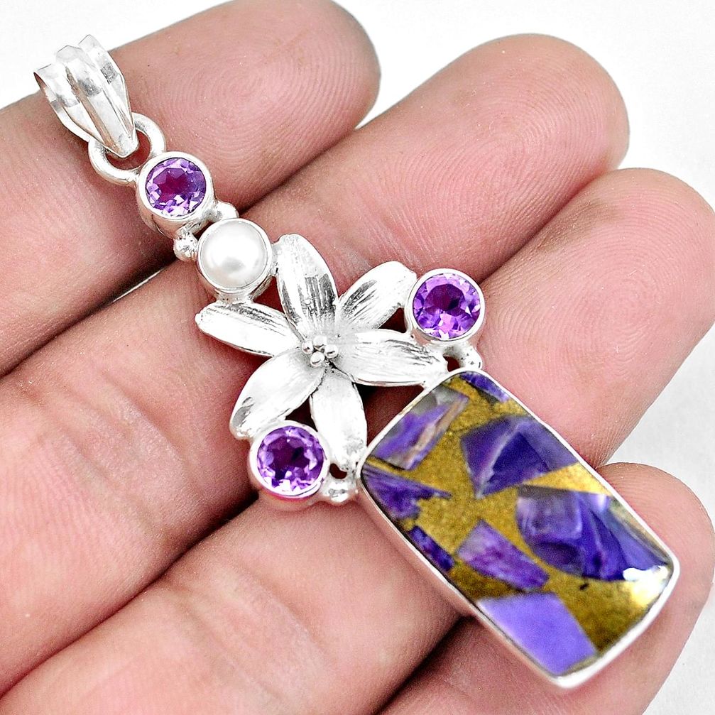 21.30cts natural purple charoite (siberian) 925 silver flower pendant d30956