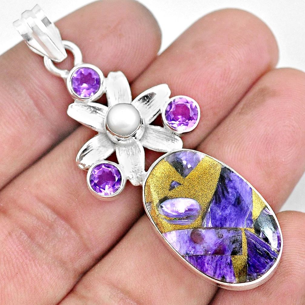 20.71cts natural purple charoite (siberian) 925 silver flower pendant d30959