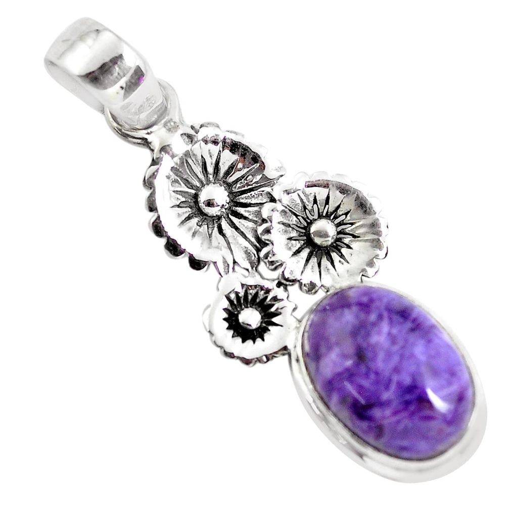 6.31cts natural purple charoite (siberian) 925 silver flower pendant p55162